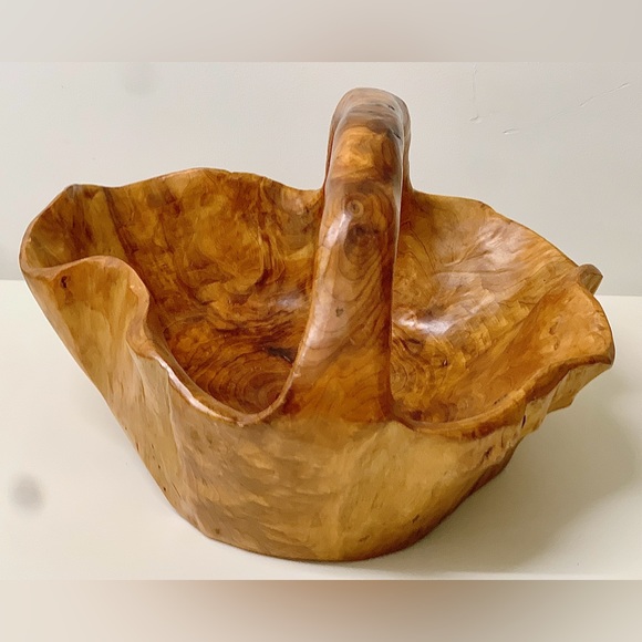 Mid Century Vtg Artisan Hand Carved Solid Tree Burl Wooden Fruit Bowl Basket - Picture 8 of 16
